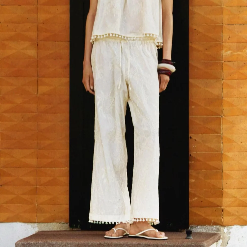 H&M Embroidered Drawstring Pants, Cream, Size M - Picture 7 of 7